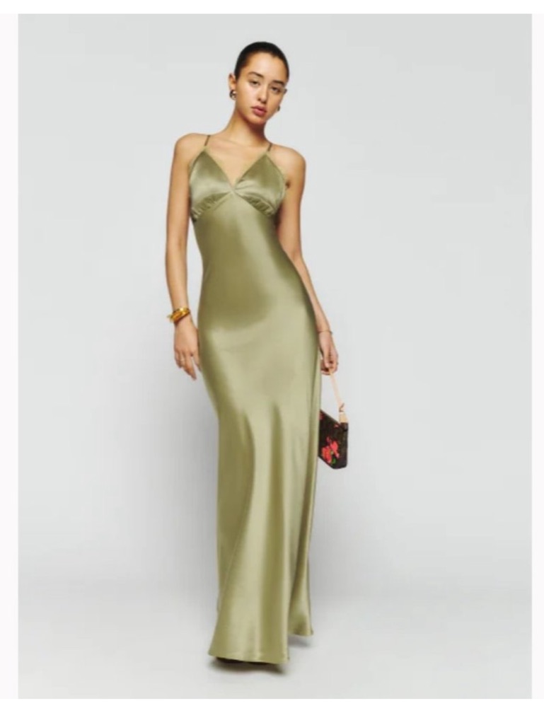 Nwt Reformation Olive Green Satin Maysen Slip Maxi Dress